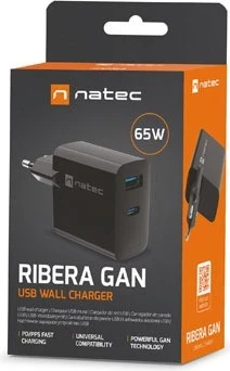 Hitri polnilec GaN 65W z USB-A in USB-C, Natec Ribera, črn
