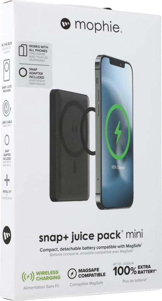 Powerbank, združljiv z MagSafe Mophie Snap+ Powerstation Juice Pack Mini, 5000 mAh, USB-C, črn