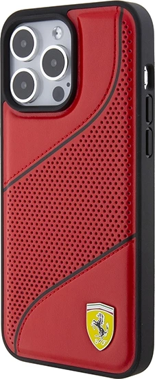 Ovitek Perforated Waves z metalnim logotipom Ferrari za iPhone 15 Pro, rdeč