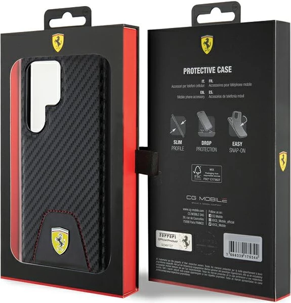 Ovitek za telefon Carbon Stitched Bottom Ferrari za Samsung Galaxy S24 Ultra, črn