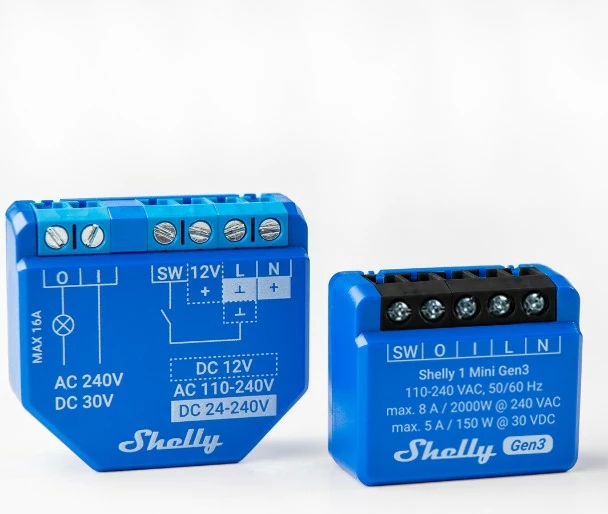 Pameten stikalo Shelly 1 Mini Gen3, 1P, brezžično, 20 dBmW, 30 m, modro