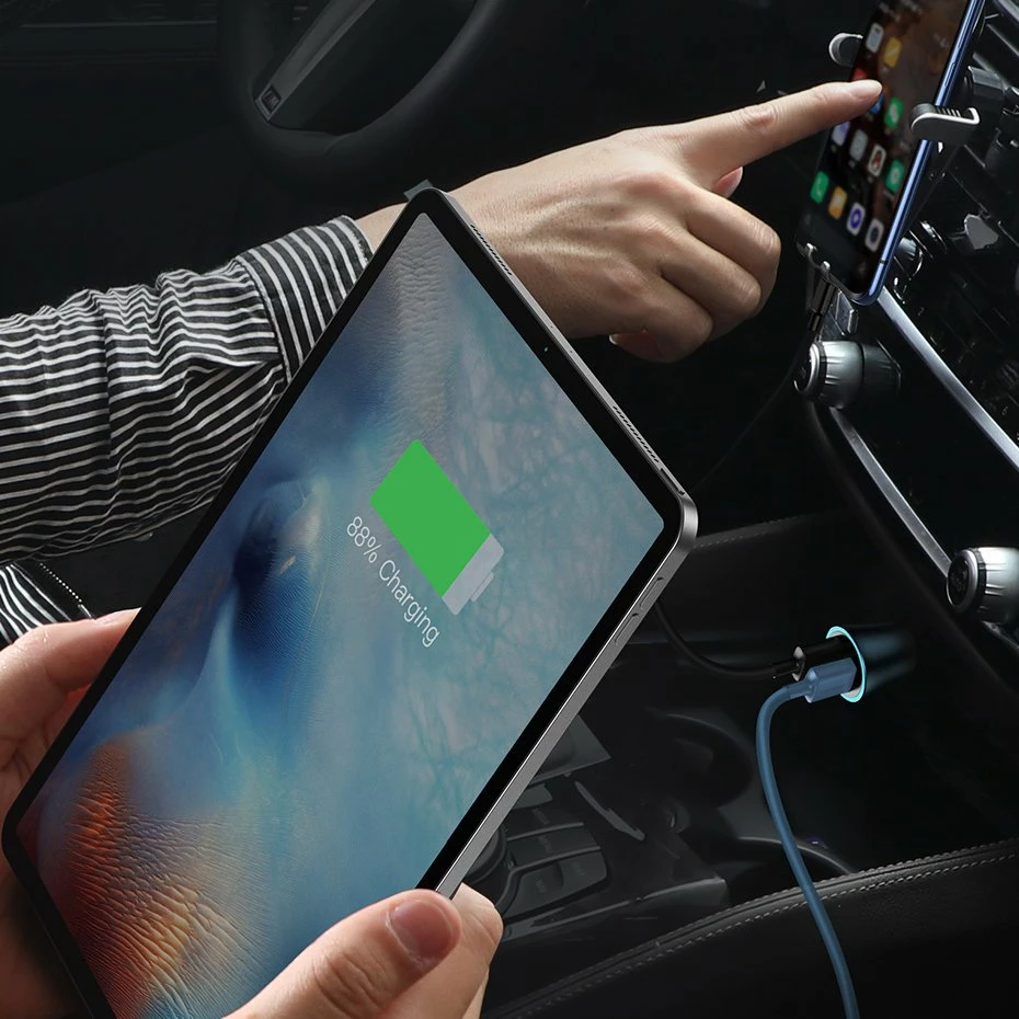 Avtopolnilec, 40 W, 2 vrata USB/USB-C, z USB-C na Lightning kablom, siv — Baseus Golden Contactor Pro