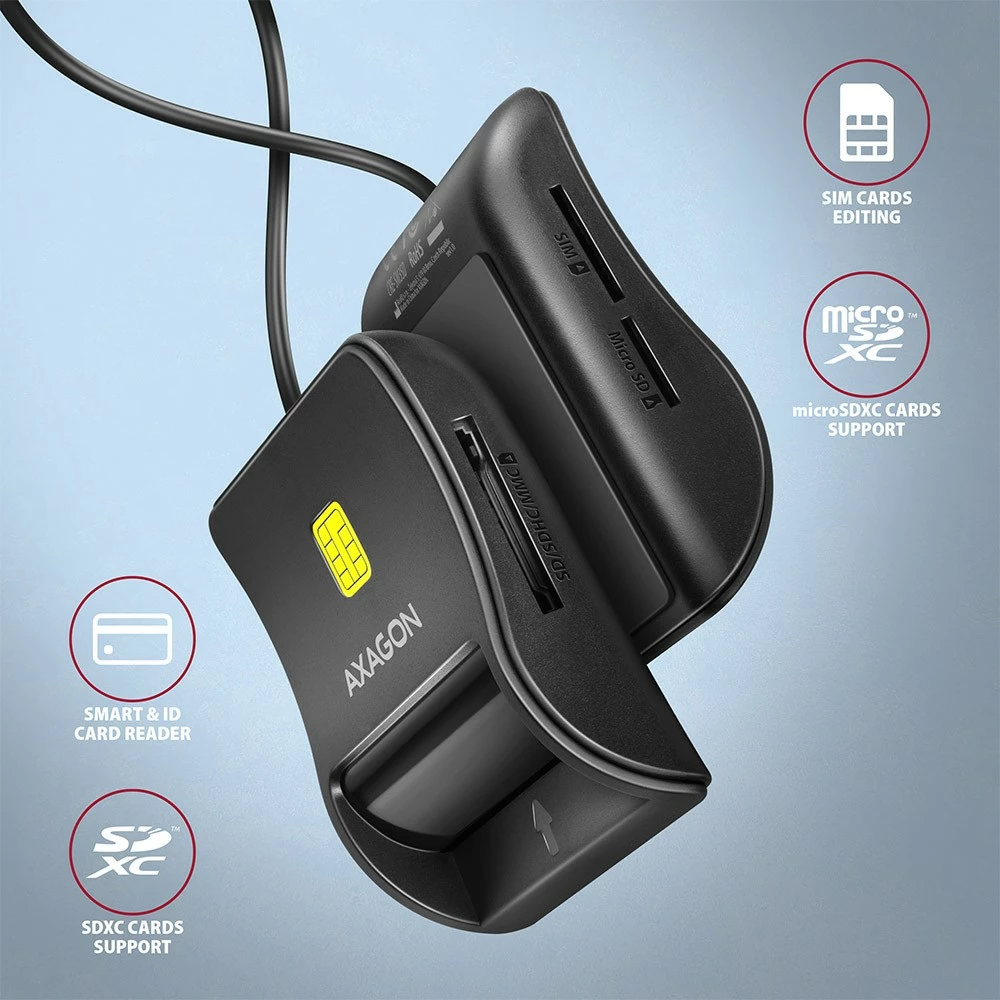 Bralnik kartic, USB 2.0, za pametno kartico/SD/microSD/SIM, črn AXAGON CRE-SM3SD Bralnik kartic, USB 2.0, za pametno kartico/SD/microSD/SIM, črn AXAGON CRE-SM3SD