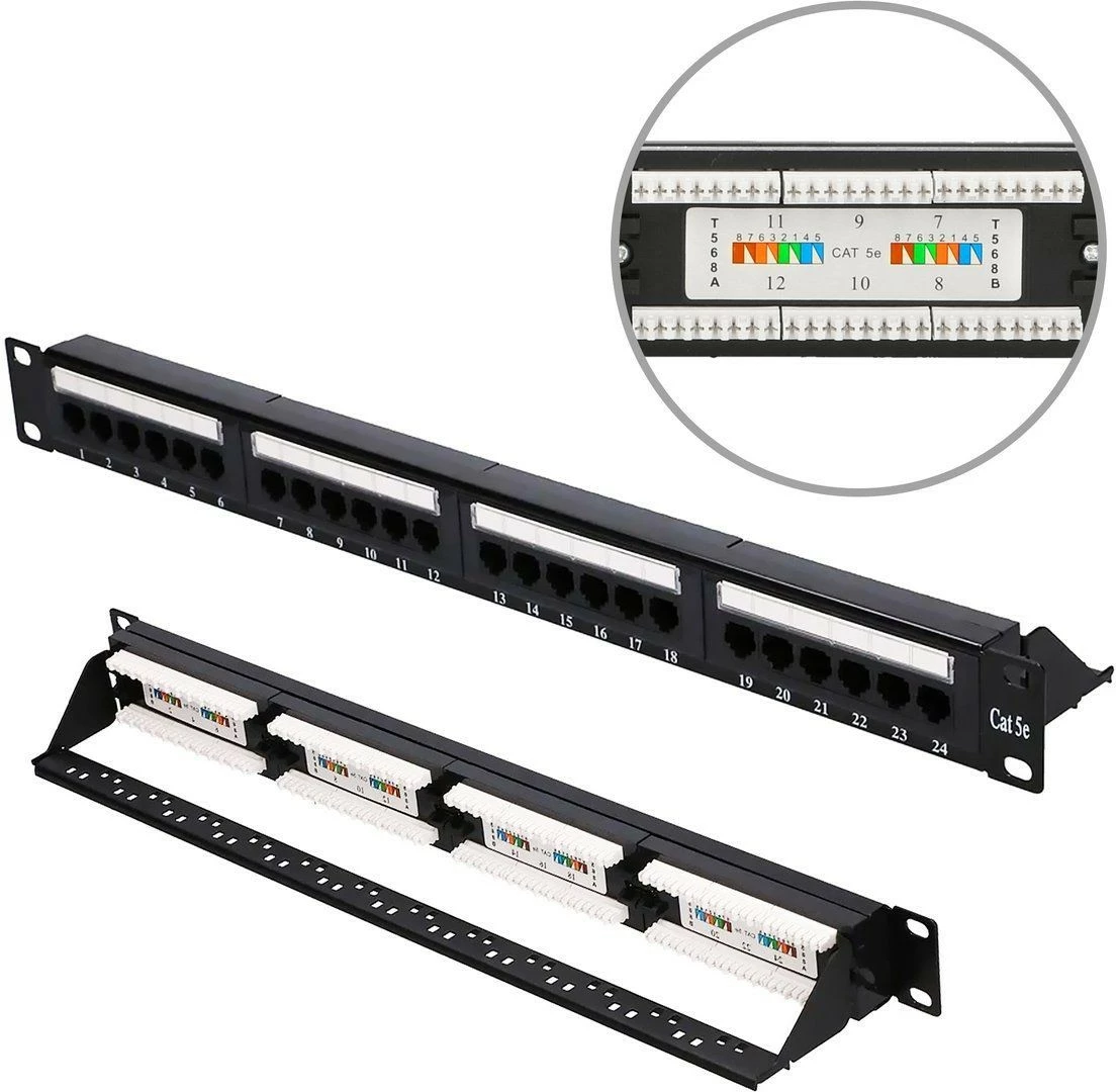 Patch panel 24 priključkov RJ-45, CAT 5e, 1U, črn, Extralink EX.9809
