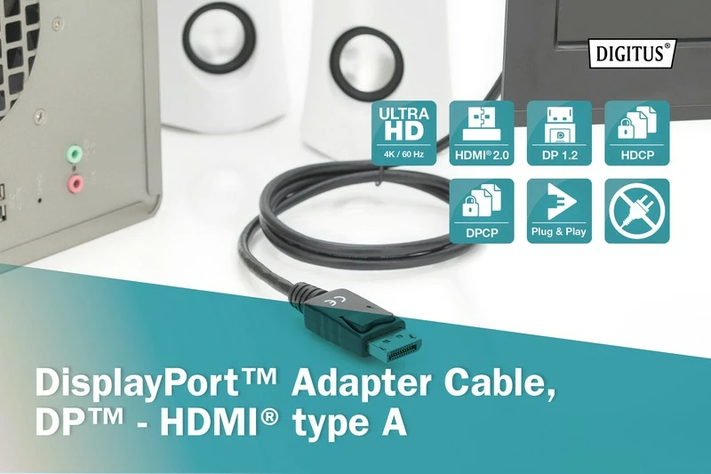 Kabel DisplayPort v HDMI, Digitus AK-340303-020-S, 2 m, črn