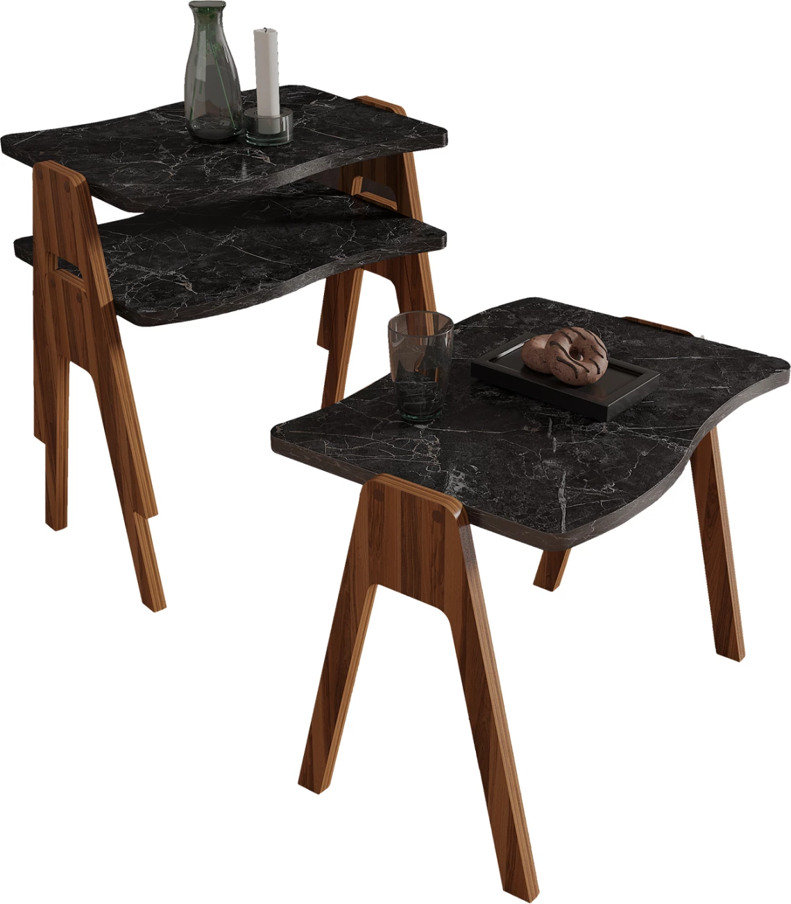 Stranske mize 3-delni set ESSENT FH18175.02 melamin v oreh-črni marmor vrh 45x35x40Hcm