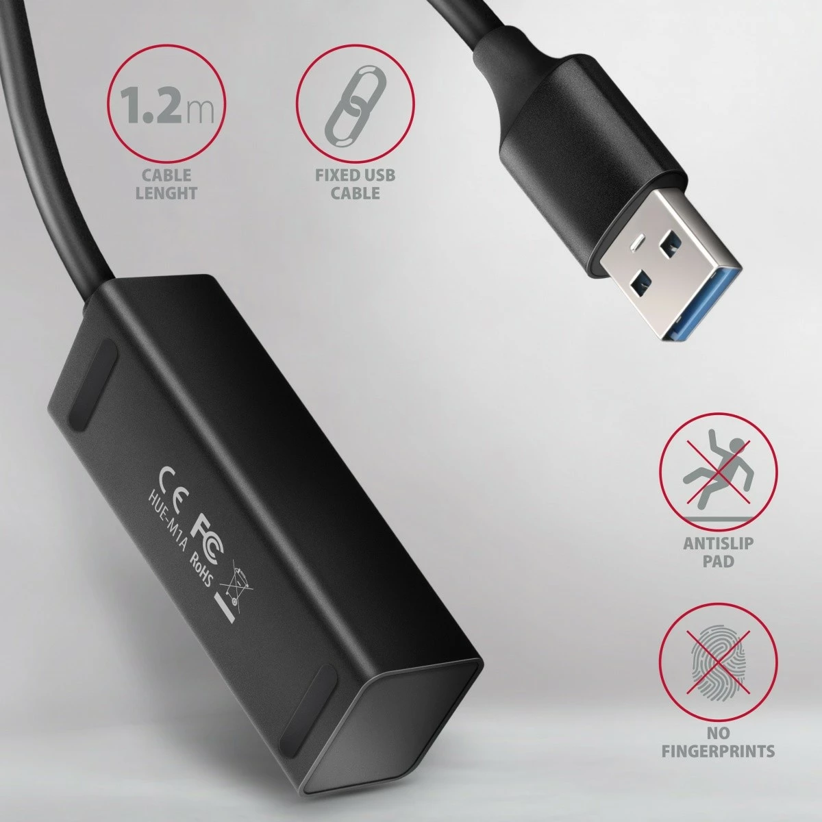 Mini kovinski USB razdelilec, 4 vrata, USB 3.2 Gen 1, kabel 1,2 m, črn AXAGON HUE-M1AL