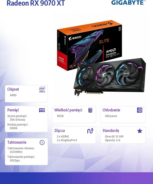 Grafična kartica Radeon RX 9070 XT AORUS ELITE Gigabyte, 16 GB GDDR6, 256-bit, 3 ventilatorji, črna Grafična kartica Radeon RX 9070 XT AORUS ELITE Gigabyte, 16 GB GDDR6, 256-bit, 3 ventilatorji, črna