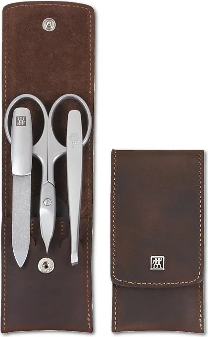 Set za potovanje za nego nohtov Zwilling Twinox, 3-delni, ovitek iz usnja, rjav