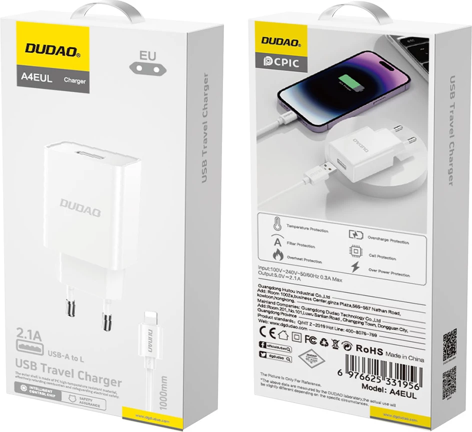 Stenski polnilec Dudao A4EU, USB-A 2,1A, z USB-A v Lightning kablom, bel