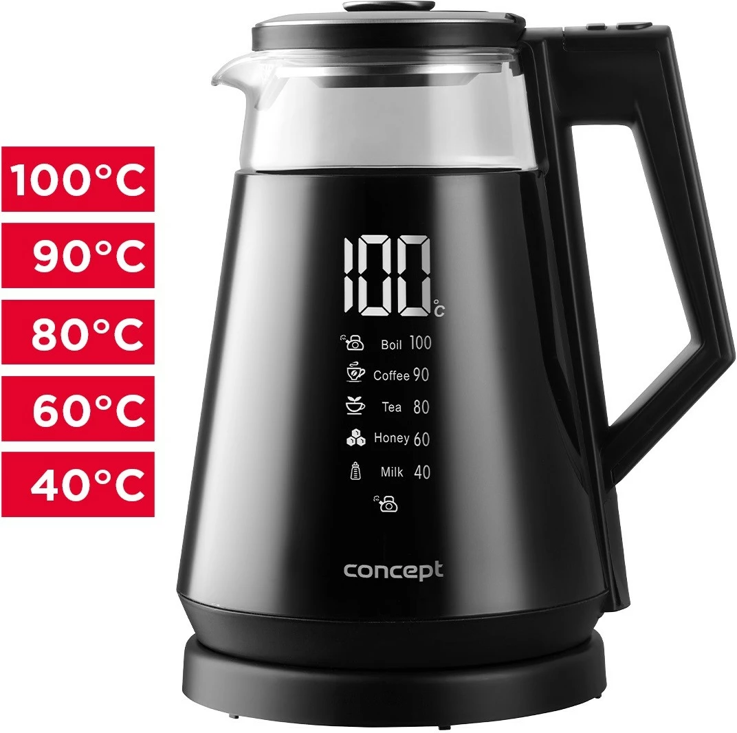 Električni ibrik 1,7 l, steklen, z digitalnim zaslonom, črn, Concept RK4170