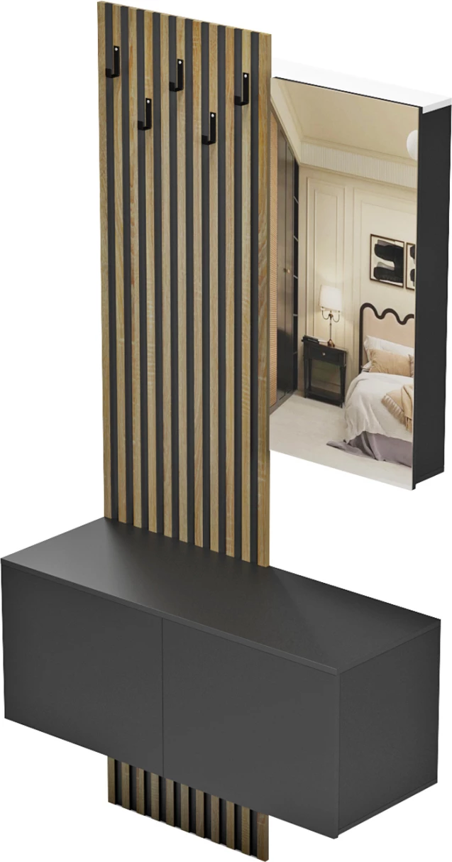 Pohištveni set za predsobo z ogledalom MYLES FH18080.02 melamin v sonoma-črni 100x37.1x199.5H cm