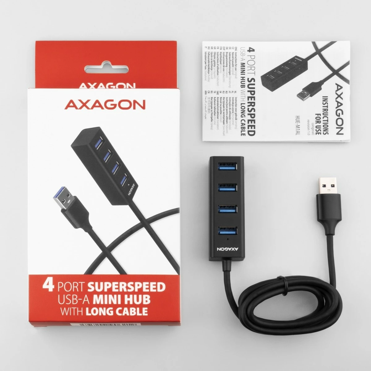Mini kovinski USB razdelilec, 4 vrata, USB 3.2 Gen 1, kabel 1,2 m, črn AXAGON HUE-M1AL