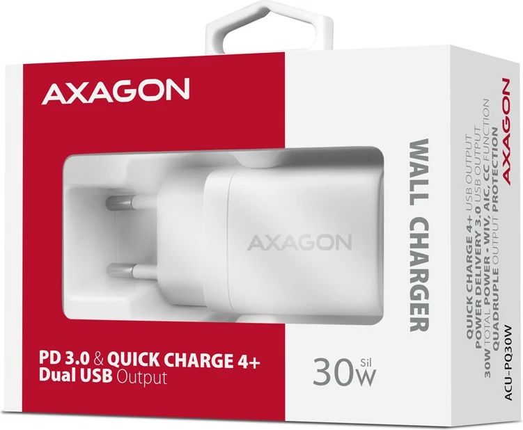Stenski polnilec AXAGON ACU-PQ30W, 30W, 2 vrata USB-A in USB-C, bel Stenski polnilec AXAGON ACU-PQ30W, 30W, 2 vrata USB-A in USB-C, bel