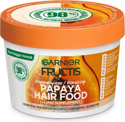 Obnavljajoča maska za poškodovane lase Garnier Fructis Papaya Hair Food, za ženske, 400 ml