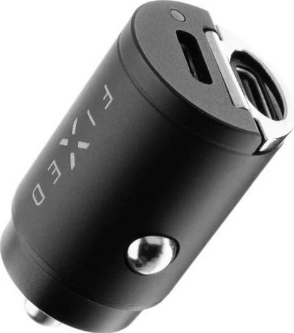 Dvojni USB-C avtopolnilec 30W z USB-C/USB-C kablom, črn Fixed