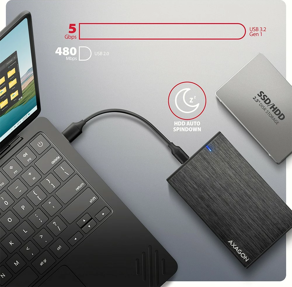 Računalniško ohišje za zunanje diske AXAGON EE25-XA6C, 2,5", USB-C 3.2 Gen 1, aluminij, črno Računalniško ohišje za zunanje diske AXAGON EE25-XA6C, 2,5", USB-C 3.2 Gen 1, aluminij, črno