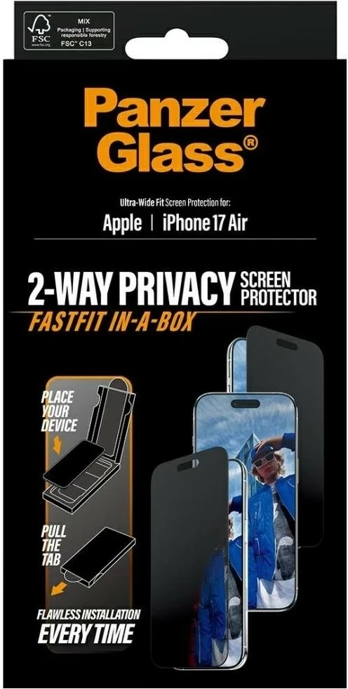 Ovitek za telefon PanzerGlass Ultra-Wide Fit Fastfit za iPhone 17 Air, privacy glass, črn
