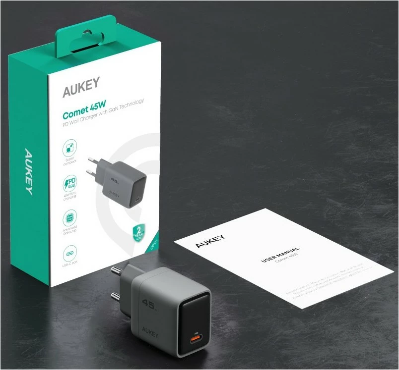 Stenski polnilec AUKEY PA-C2, 45 W, 1x USB-C, siv