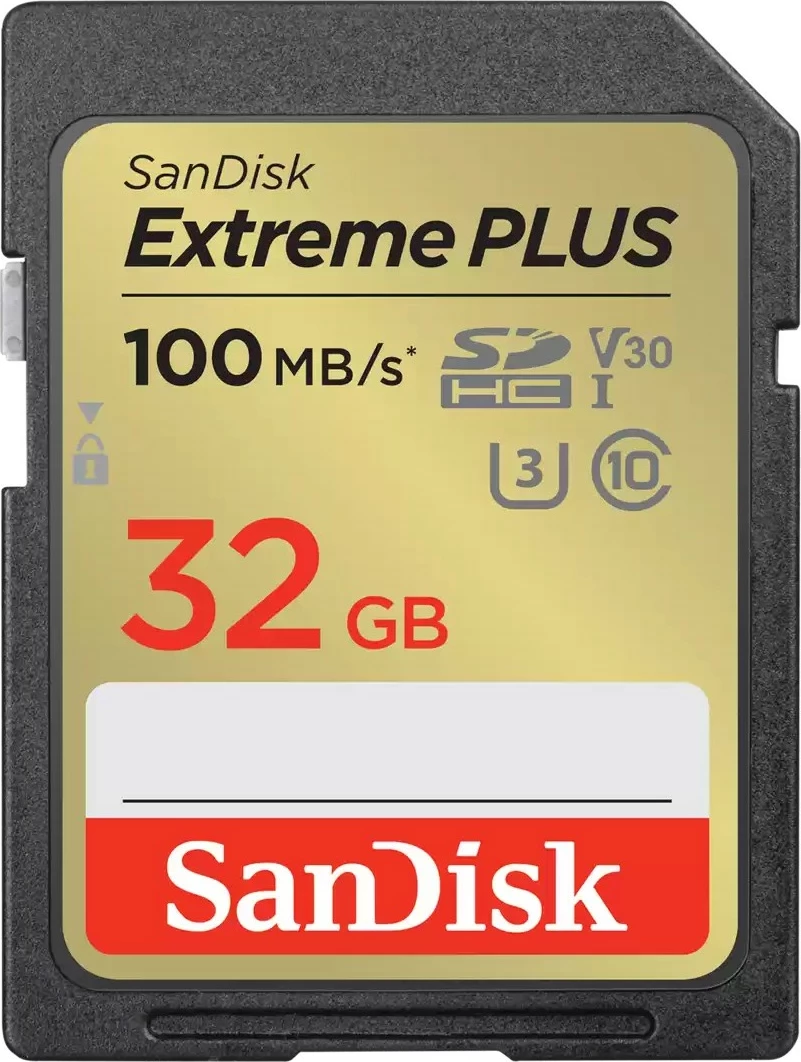 Pomnilniška kartica 32GB Sandisk Extreme PLUS, SDHC, Class 10, U3, 100MB/s, črno/zlata Pomnilniška kartica 32GB Sandisk Extreme PLUS, SDHC, Class 10, U3, 100MB/s, črno/zlata