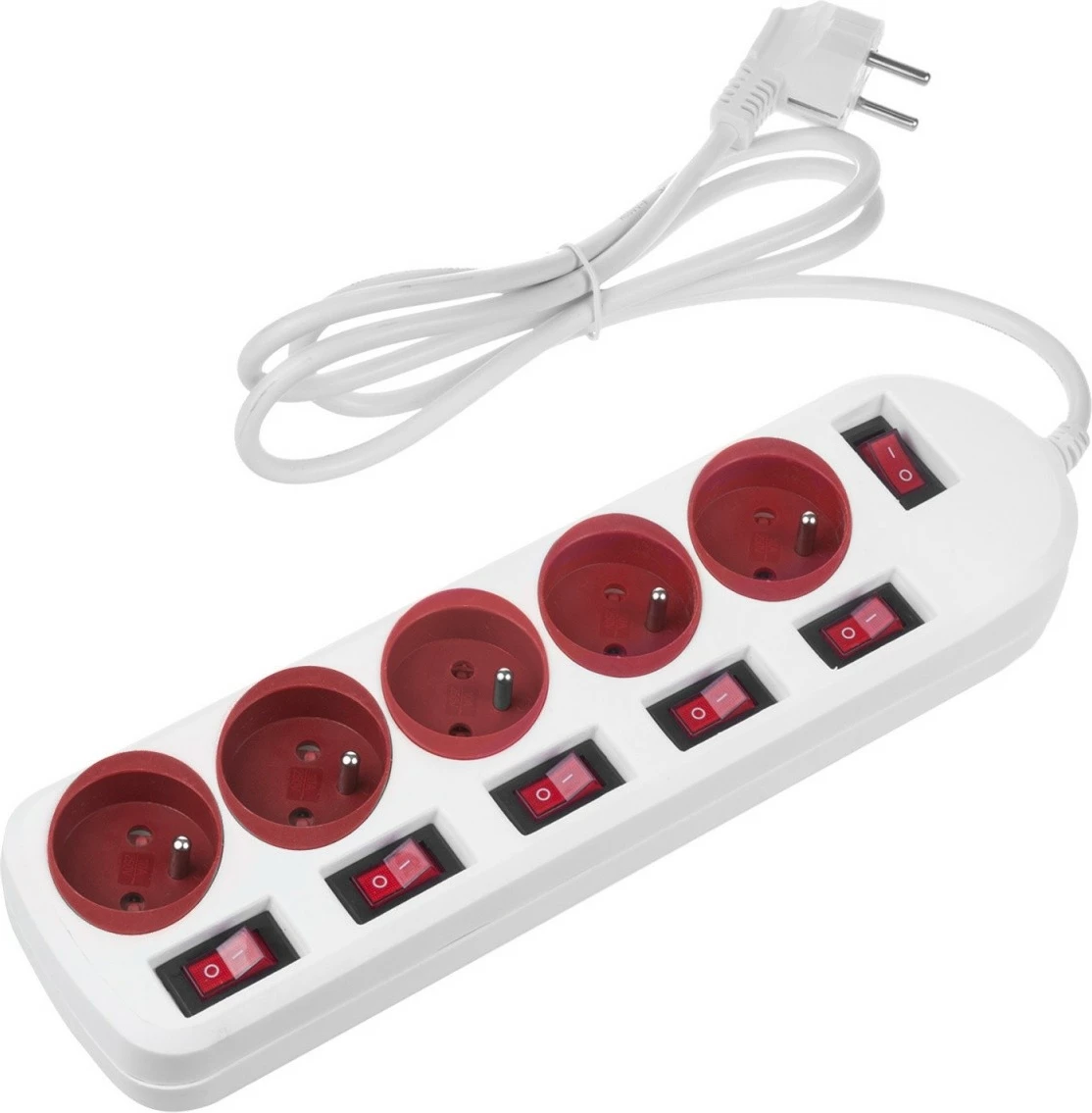 Razdelilnik z 5 vtiči in stikali, Maclean MCE204RW, 1,5 m, rdeče/bel
