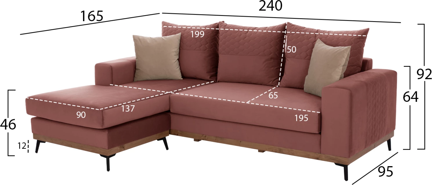 Kotna sedežna garnitura PORTOFINO, prašnato roza, visoke noge, 2 kosa, zamenljiva, tkanina, odporna na madeže in vodo