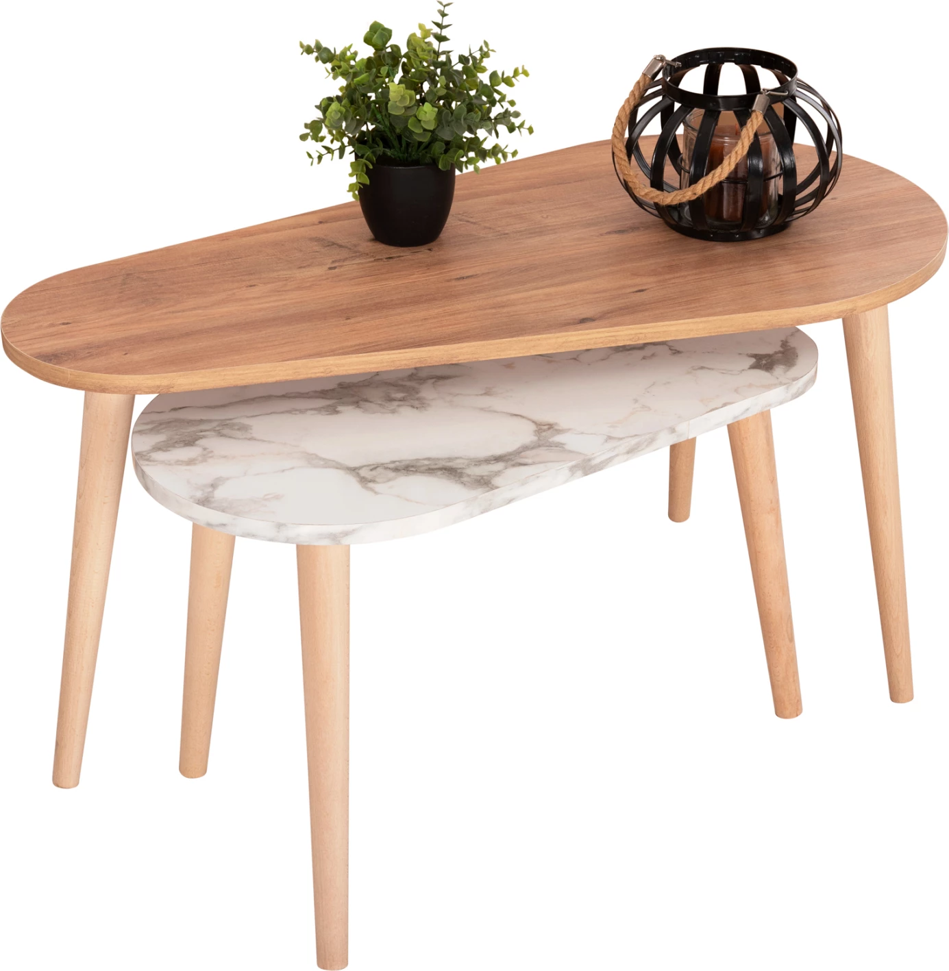 Klubske mizice 2 kosa APRILIA FH18179.03 melamin v naravni in beli marmor-lesene noge v naravni 94x47x47,5Hcm