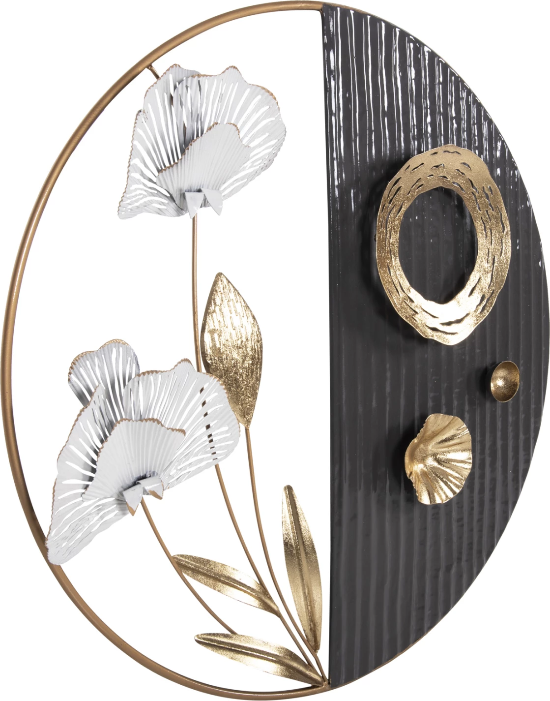 Okrogla stenska dekoracija FH4202 iz kovine v zlato-črno-beli barvi Φ60cm