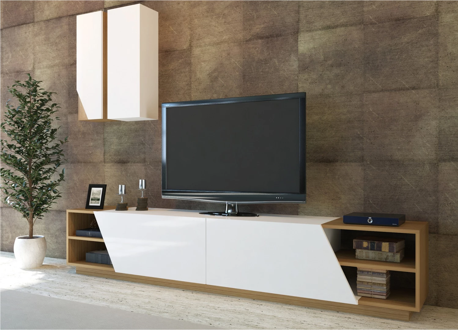 Pohištvo za TV belo-oreh melamin talna enota in stenske omarice 240x37.5x47Hcm.FH9439.01