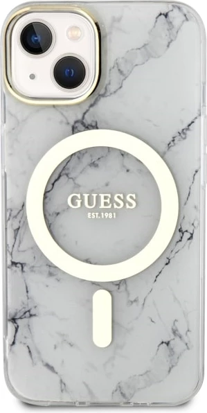 Ovitek za telefon z marmornim vzorcem MagSafe za iPhone 14 Plus 6,7", bel, Guess