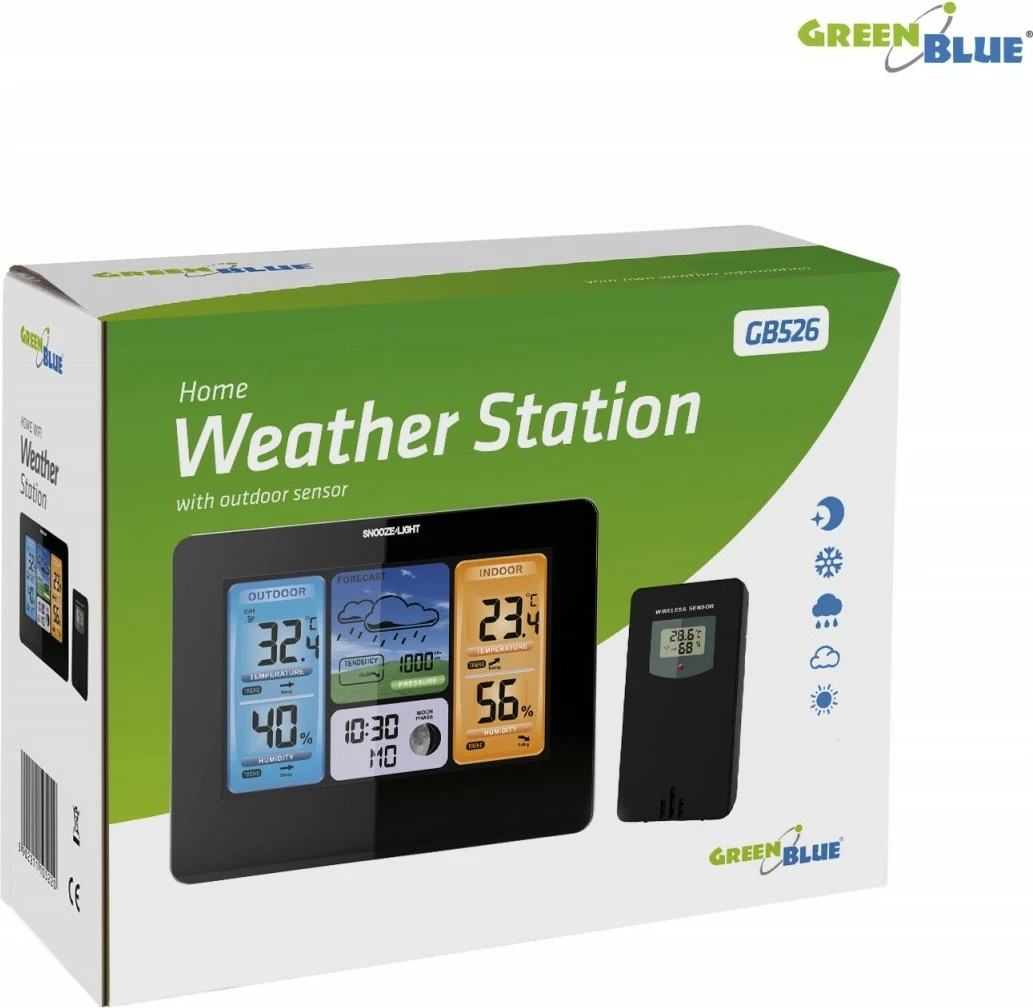 Brezžična vremenska postaja z barvnim zaslonom GreenBlue GB526, črna