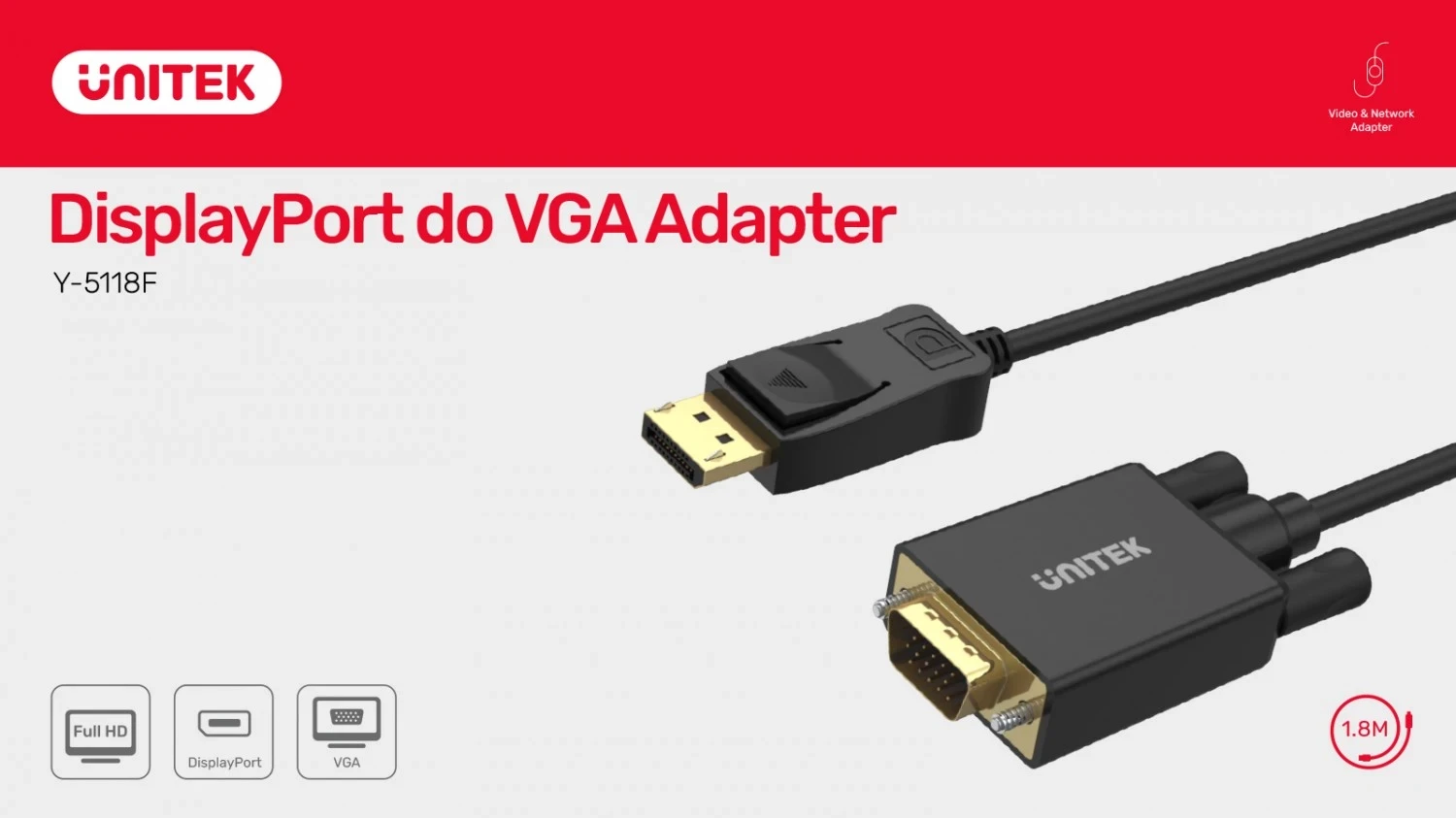 Adapter DisplayPort na VGA, 1,8 m, črn - Unitek
