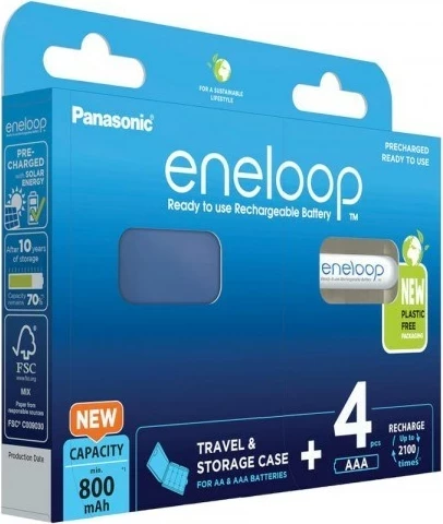 Polnilne baterije Eneloop AAA Panasonic BK-4MCDE/4CP+CASE, 800 mAh, 4 kosi, bele s škatlico