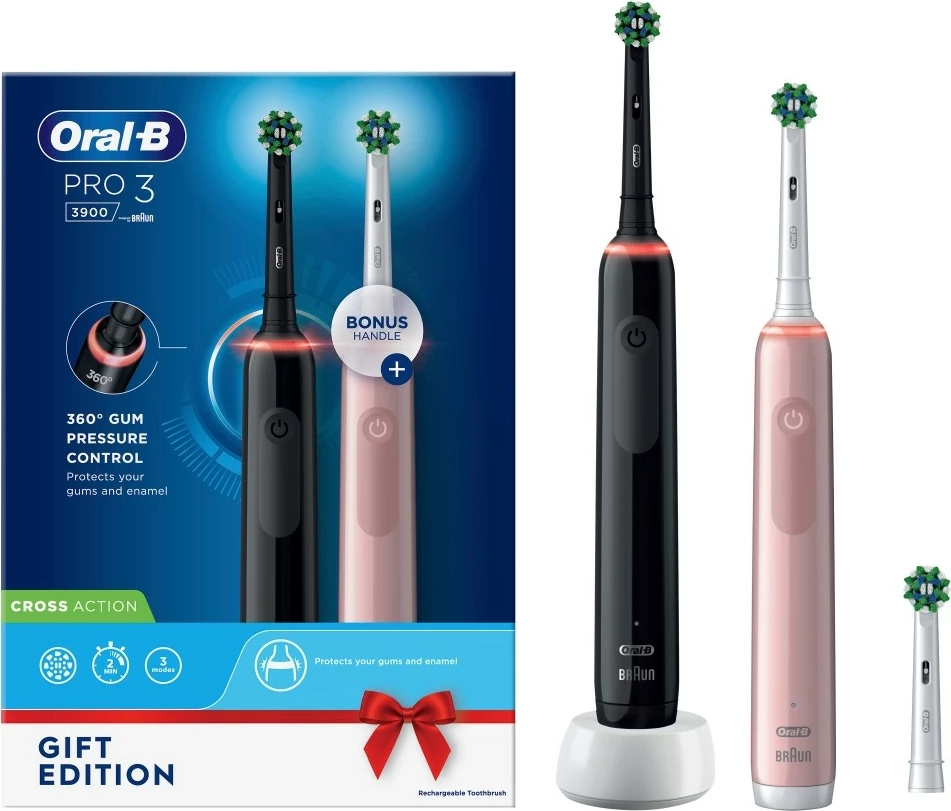 Električna zobna ščetka Oral-B Pro 3 3900 Duo, črno/rožnata