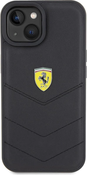 Odebeljen ovitek z metalnim logotipom Ferrari za iPhone 15, eko usnje, črn