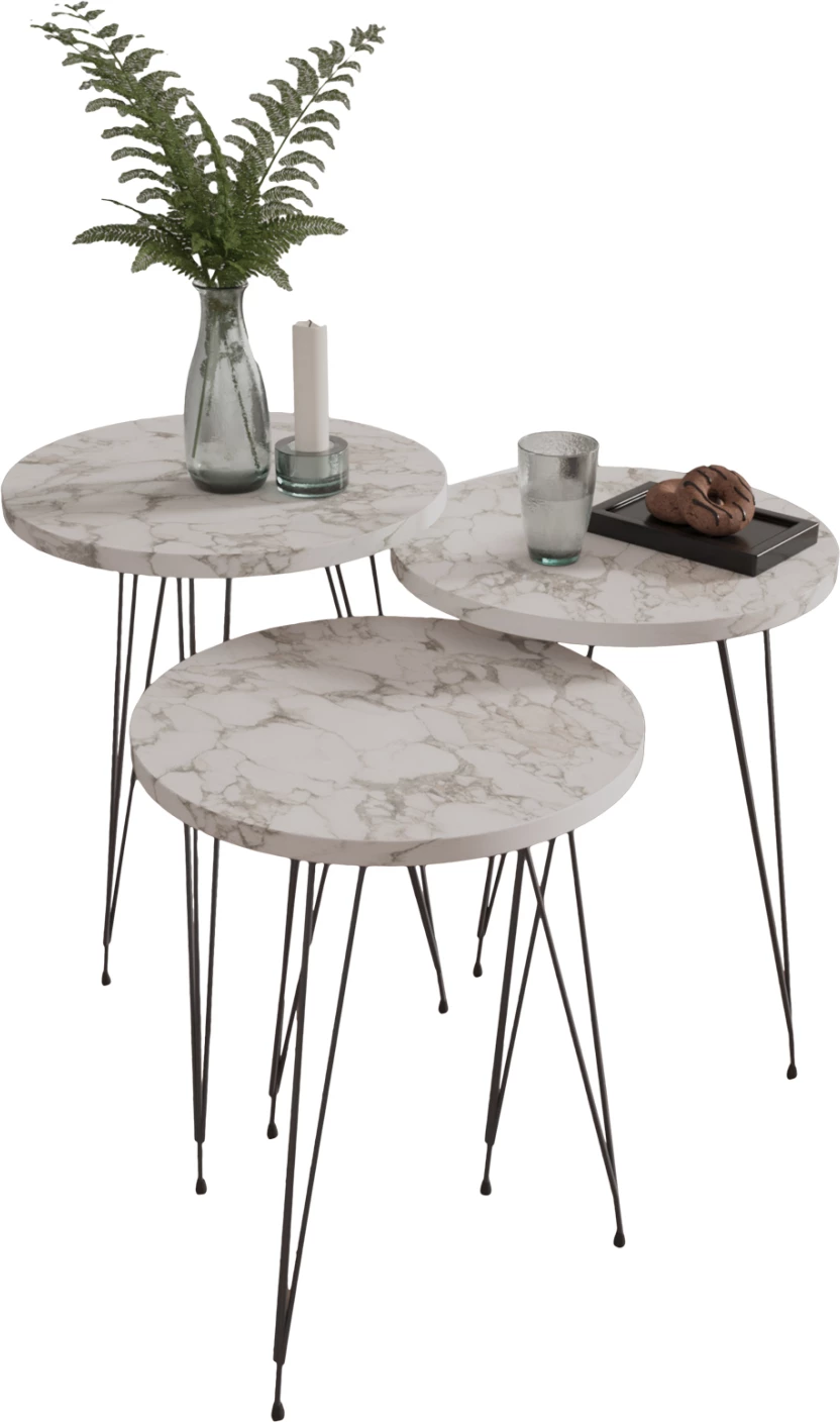 Set treh okroglih stranskih miz NISSA FH18173.01 melamin v beli marmor-črne kovinske noge
