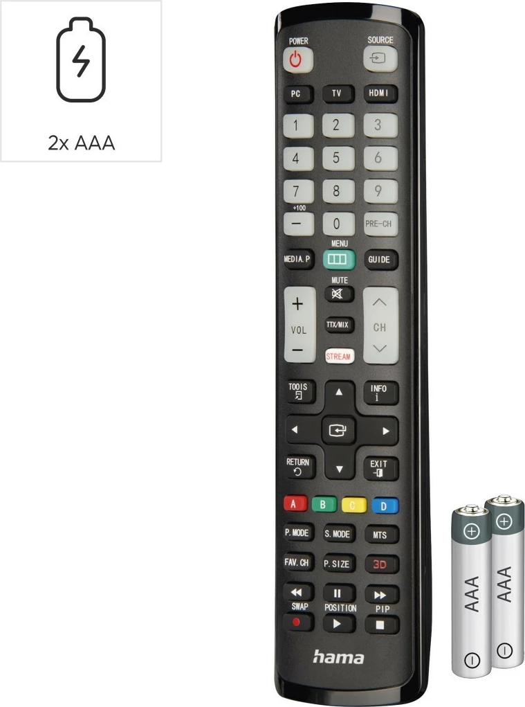 Daljinski upravljalnik z učnim načinom, IR 1:1, osvetljene tipke, združljiv s Samsung, z baterijami AAA, črn, Hama 221060