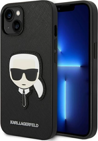 Ovitek za iPhone 14 Plus 6,7", trdo ohišje, Saffiano 'Karl's Head' patch, črn - Karl Lagerfeld KLHCP14MSAPKHK