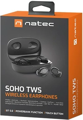 Brezžične in-ear slušalke z mikrofonom, črne, z ohirom za polnjenje Natec Soho TWS