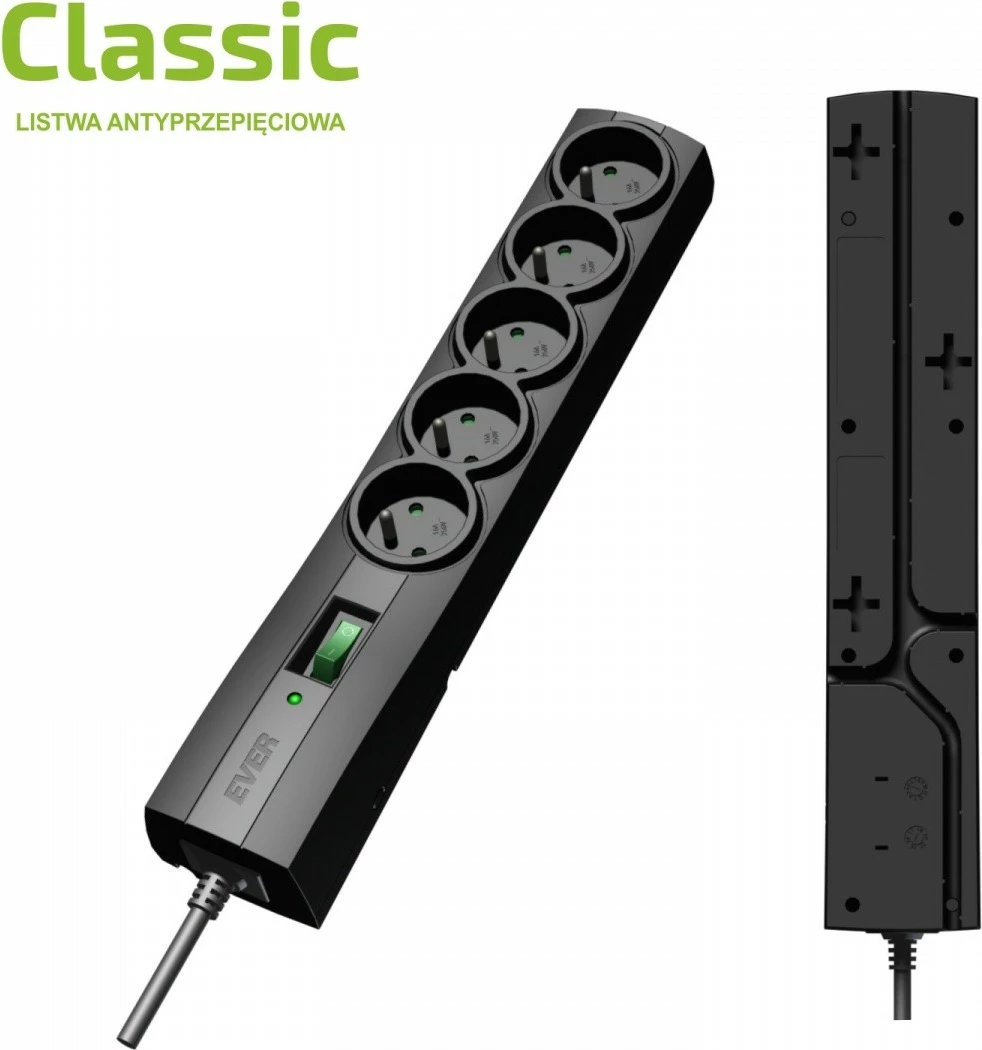 Podaljšek z zaščito pred prenapetostjo EVER Classic T/LZ09-CLA015/0000, 1,5 m, 5 vtičnic, črn
