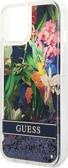 Ovitek z vzorcem cvetja in tekočim bleščicami Guess za iPhone 14 Plus 6,7", modra