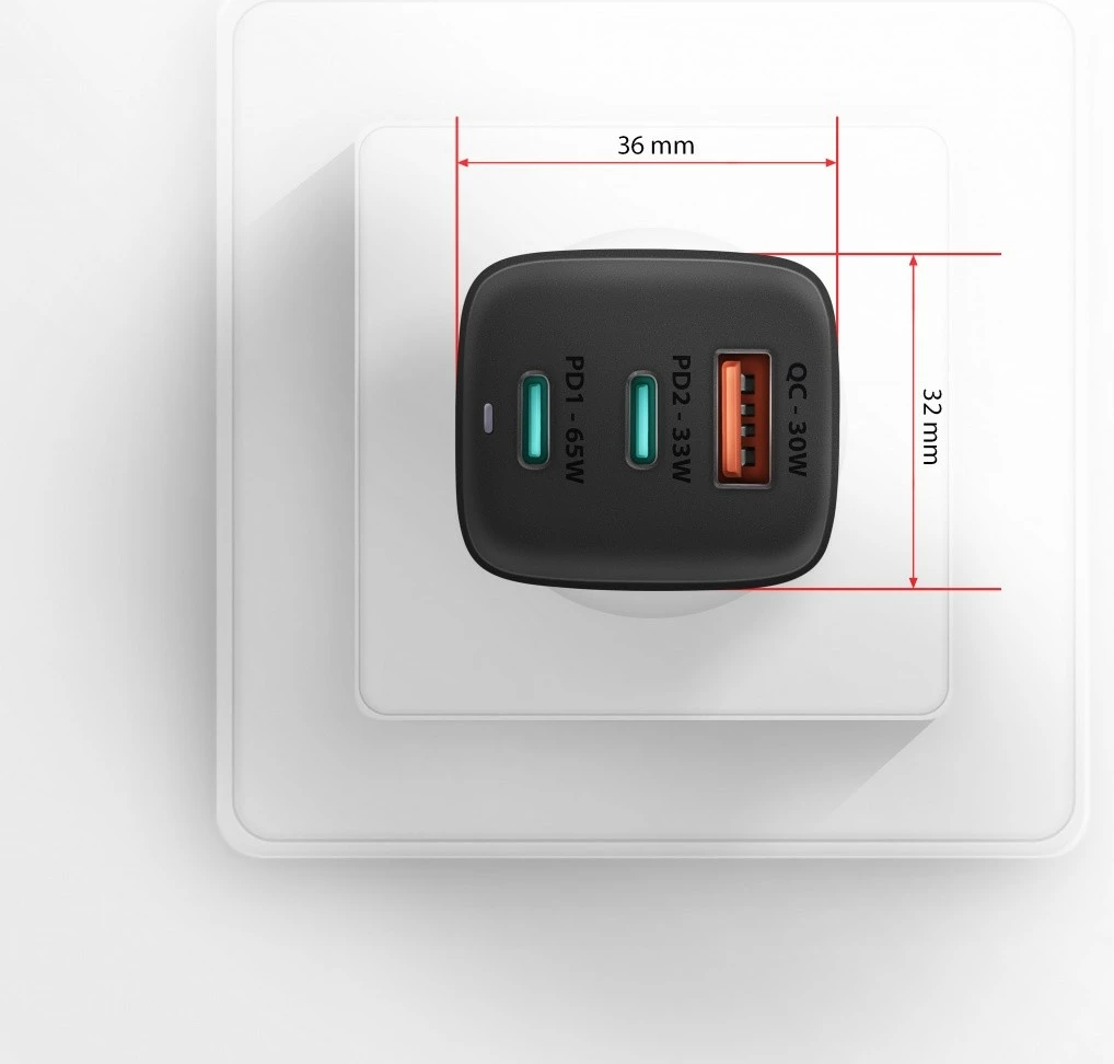GaN polnilec AXAGON ACU-DPQ65, 65W, 3 vhodi (USB-A + 2× USB-C), črn GaN polnilec AXAGON ACU-DPQ65, 65W, 3 vhodi (USB-A + 2× USB-C), črn