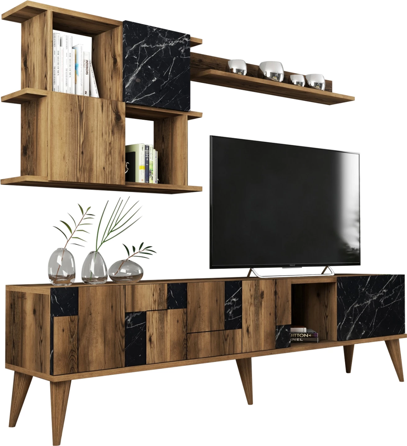 Kombinacija pohištva za TV iz melamina v videzu oreha in črnega marmorja 180x33.8x48.6Hcm.FH9437.02