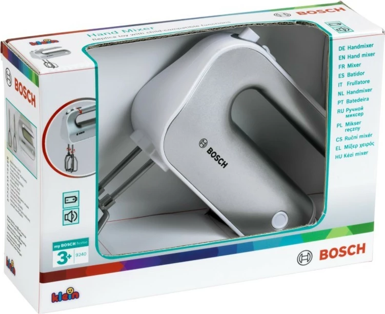 Igrača ročni mešalnik Klein Bosch 9240, z vrtljivimi metlicami, na AA baterije, srebrn