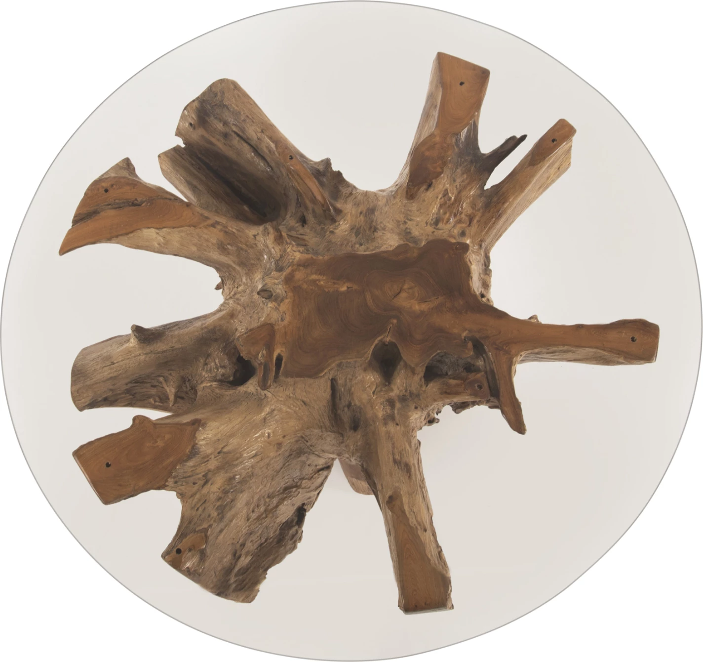 Okrogla miza za dnevno sobo iz korenine tika s kaljenim steklom D100x46H cm