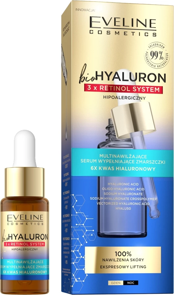 Večvlažilni serum za polnjenje gub BioHyaluron 3 x Retinol Eveline Cosmetics, 18 ml, za ženske
