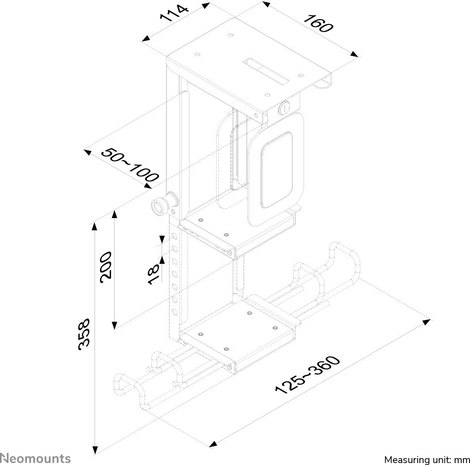 Držalo za ohišje Neomounts CPU-D075BLACK/LK, jeklo, črno, s ključavnico, nastavljivo 200–360 mm, 10 kg Držalo za ohišje Neomounts CPU-D075BLACK/LK, jeklo, črno, s ključavnico, nastavljivo 200–360 mm, 10 kg
