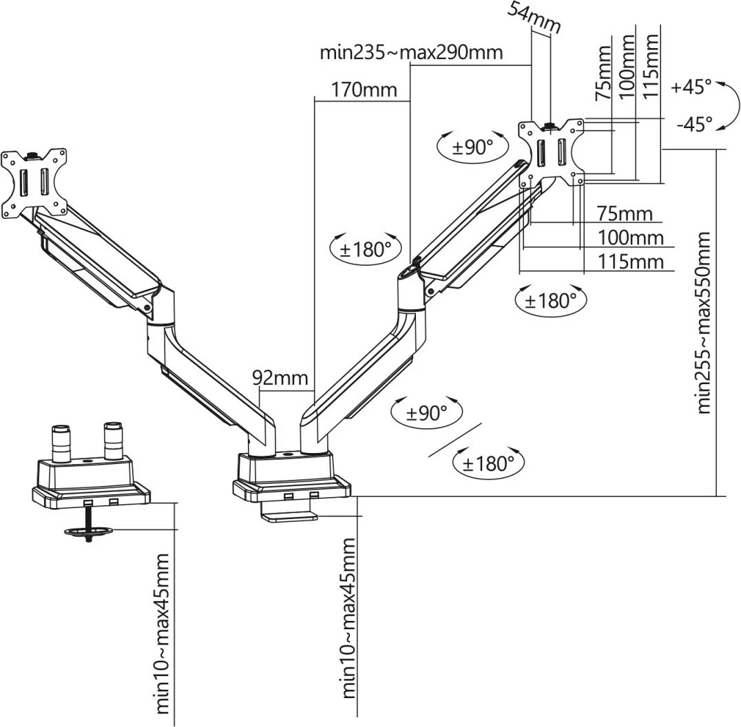 Namizni nosilec za dva monitorja, Maclean Ergo Office ER-446, 17–35", črno/srebrn