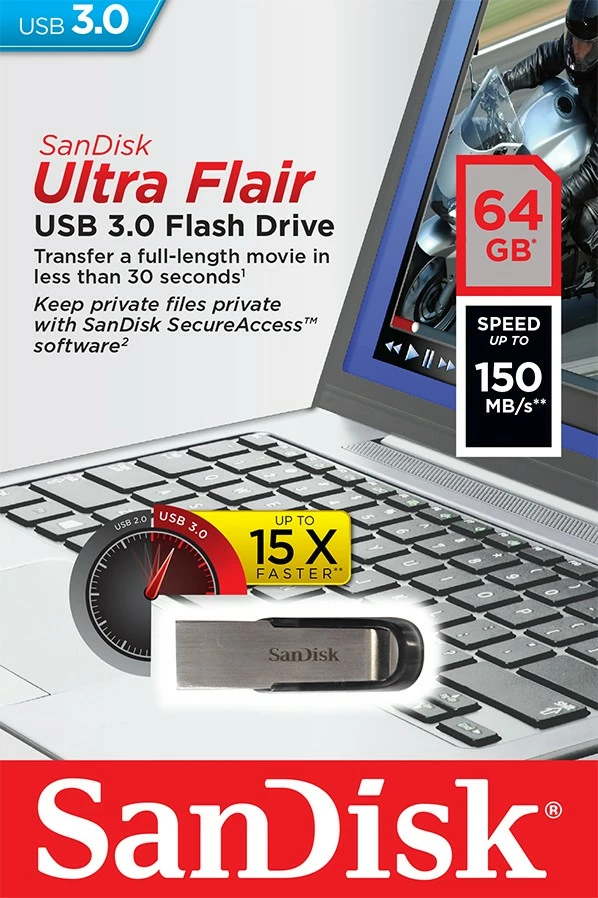 USB ključ SanDisk Ultra Flair 64GB, USB 3.0, črn/srebrn