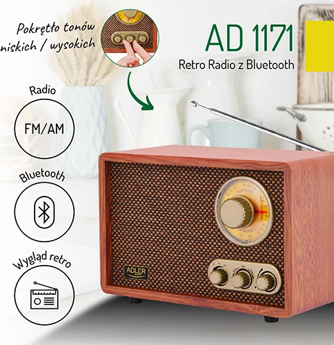 Retro radio Adler AD 1171, Bluetooth 5.0, AM/FM, zvočnik 3.0" 1 W RMS, barva lesa